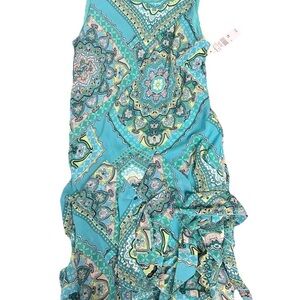 Robbie Bee Turquoise Paisley Ruffle Layered Midi Dress NWT